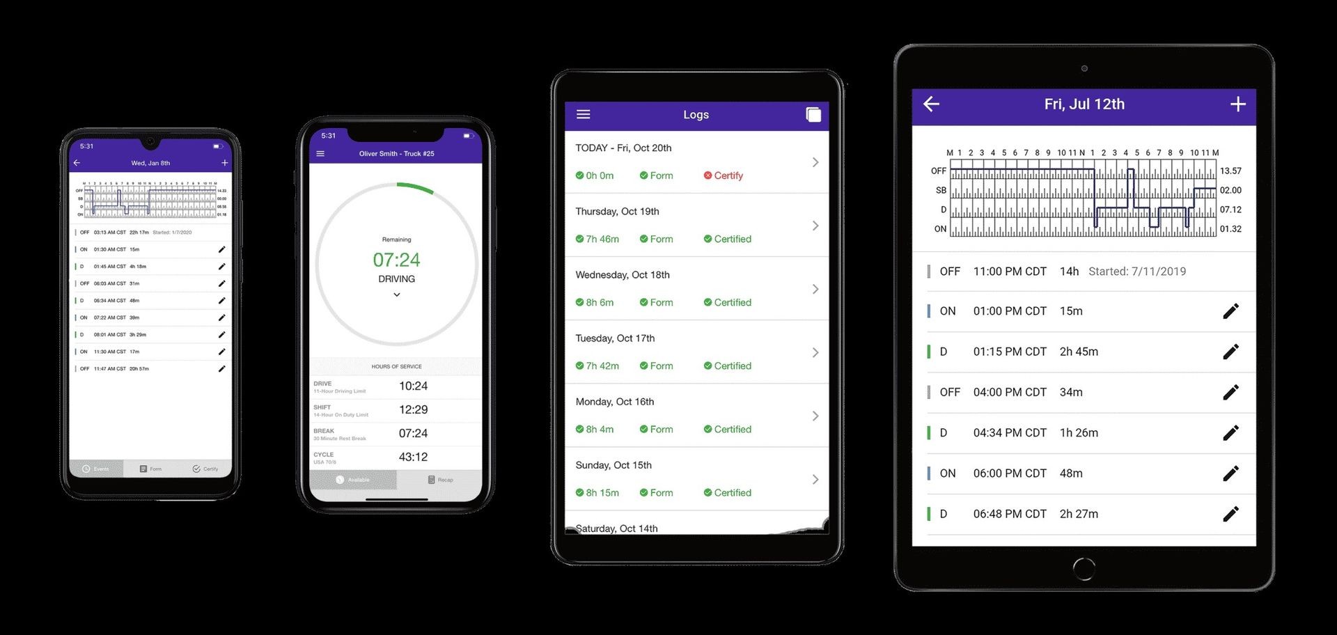 Four mobile screens displaying driving logs and hours of service for truck drivers.